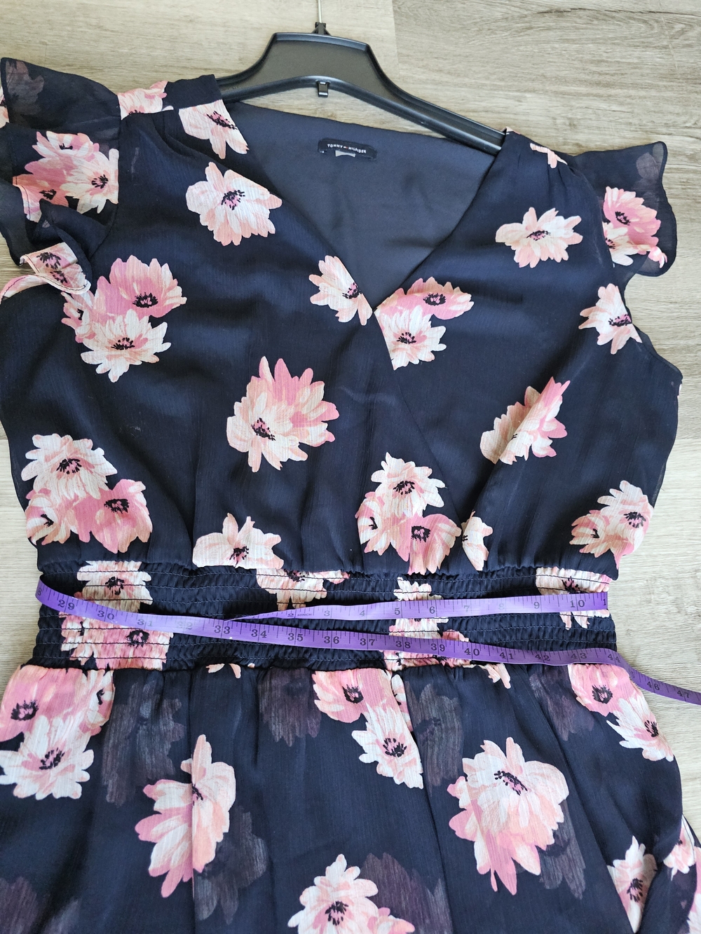Tommy Hilfiger Navy Blue Pink Floral Faux Wrap Dress Flutter Sleeve XL / 14-16 - Picture 12 of 16